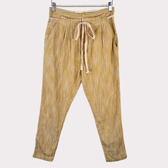 Free People CARAWAY Skinny Slim Pants mustard yellow Striped Drawstring- Size 6 - Picture 2 of 15